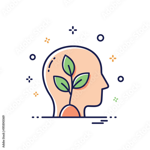 Positive mindset growth head silhouette with a small sprouting plant inside. A hopeful micro scene symbolizing mental nourishment and holistic healing.