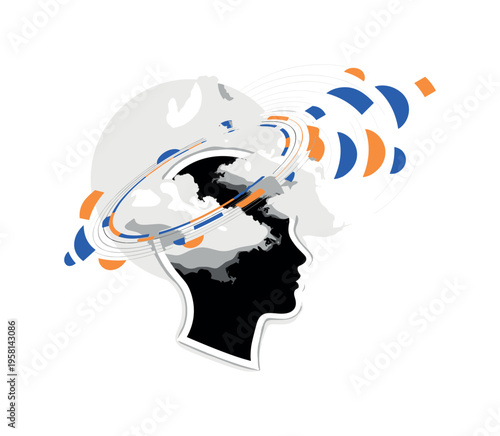 black and white human head in profile with dreamy clouds swirling around the head like a halo, white cut-out outline effect, layered circular rings and soft