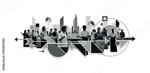 congregation near altar, geometric arrows circles and abstract shapes representing community and worship, black and white retro realistic figures layered with
