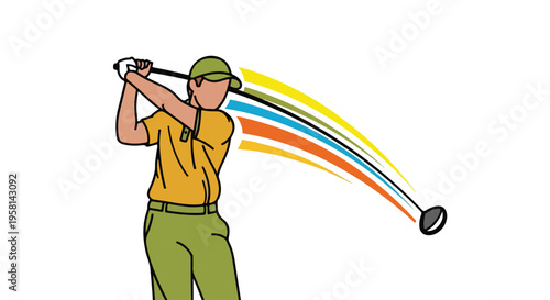 Stylized illustration of a golfer in mid-swing, with colorful abstract trails