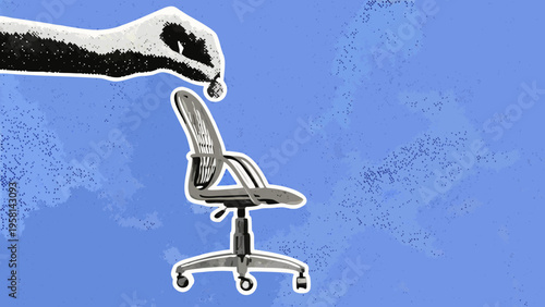 A hand appears to drop a modern office chair onto a blue background