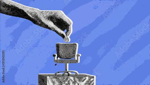 A hand reaches down poised above a small office chair on a pedestal