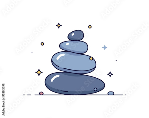 Mindful stone stacking rounded stones carefully placed into a stable tower while subtle sparkles suggest calm focus and relaxation. Illustration representing