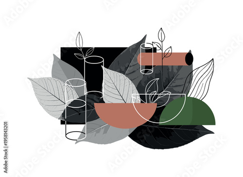 Black and white close-up of different leaves overlapping, combined with bold geometric shapes like cylinders and semicircles symbolizing biodiversity layers,