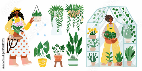 Two women tending plants inside and outside a charming greenhouse