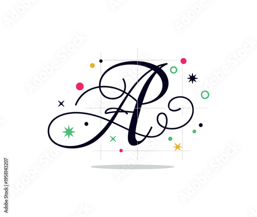 Calligraphy flourish design featuring a single ornate capital letter with extended looping swashes, balanced by a subtle guideline grid hinting at disciplined