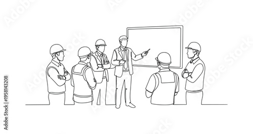 Safety Briefing. Minimalistic one-line drawing team gathered around a trainer receiving instructions about workplace hazards, continuous single black line on