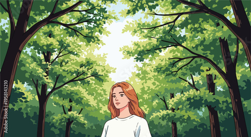 Young woman with reddish hair stands in a sun-dappled forest, looking to her left