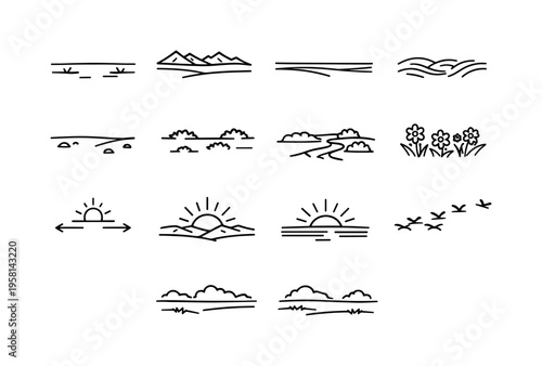 Steppe Landscape. Line icon set of Steppe Landscape: flat terrain, distant mountains, wide horizon line, grass waves, empty plains, scattered bushes, dry