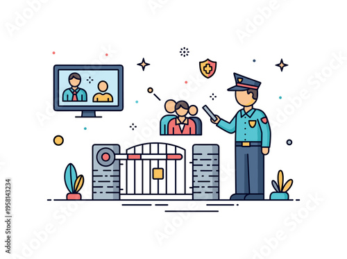 Secure entry checkpoint small gate with a security guard checking visitors before allowing passage. Scene illustrating monitoring, protection, and organized