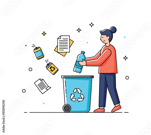 Sorting recyclable materials person placing a plastic bottle into a recycling bin while small icons of paper and cans float nearby. Friendly scene representing