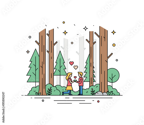 Forest engagement proposal quiet woodland setting with tall trees and a couple sharing a proposal moment while small heart icons float above. The composition