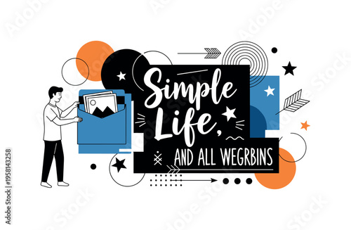 human figure placing photo into sleeve abstract circles lines and geometric shapes representing addition to organized album black and white retro human figure