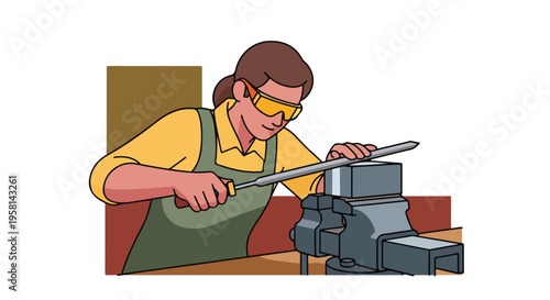 A person in safety glasses and apron uses a file on metal clamped in a vise