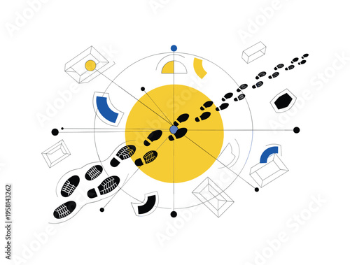 black and white trail of footprints from different shoes merging into one path, large yellow circle behind the path symbolizing shared destination, thin