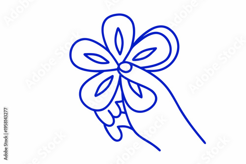 Simple blue line drawing of a flower with a curved stem