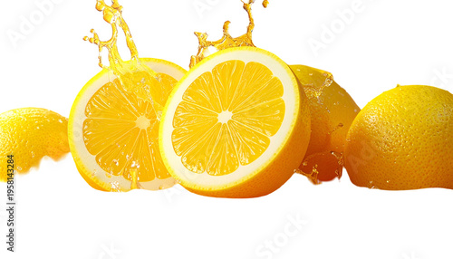 Lemon half slices with juice splash on black backdrop highlighting vibrant citrus flavor
