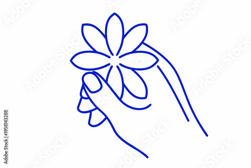 A hand delicately offering a simple blue line drawn flower
