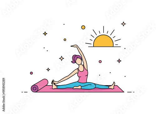 Sunrise yoga routine greeting the first light of the day with a calm stretching pose. A yoga mat, rising sun and small sparkles capture the peaceful energy of
