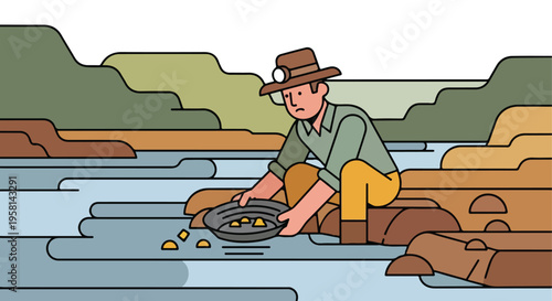 A prospector pans for gold in a stylized river landscape