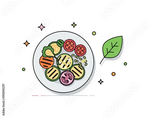 Plant based meal idea illustrated by a neatly arranged plate with grilled vegetables and grains, paired with a small leaf accent symbolizing mindful food