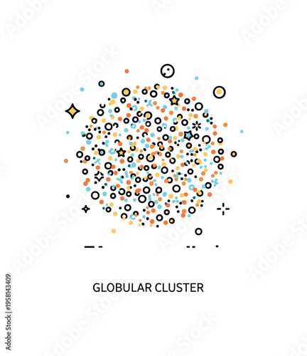 Globular star cluster illustration centered on a tightly packed circular formation of tiny luminous dots, conveying density and gravitational harmony. A short