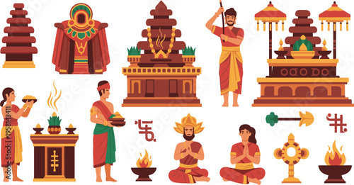 Hindu religious ritual set with temple, priest, offerings and sacred symbols, traditional Indian पूजा ceremony cartoon vector illustration collection