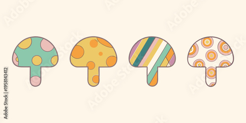 Four stylized mushrooms with vibrant patterned caps and stems