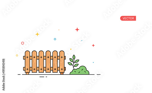 Simple backyard fence short wooden fence line with a small shrub growing nearby creating a cozy home garden atmosphere. Friendly illustration symbolizing