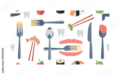 chewing tools and utensils seamless pattern, repeating pattern, surface design, textile print, modern illustration of forks, knives, spoons, and chopsticks