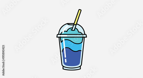 A colorful frozen beverage in a clear plastic cup with a yellow straw