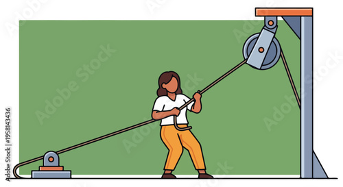 Woman pulls rope using pulley system, demonstrating mechanical advantage