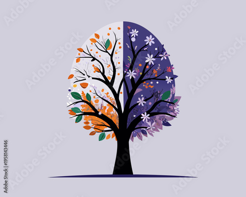 A stylized tree split into autumn and spring floral sides