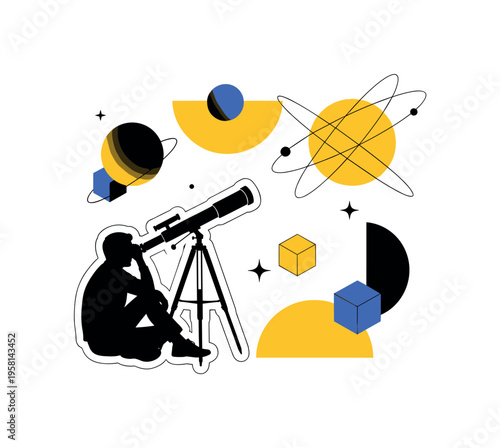 retro star gazing composition with a black and white silhouette of a person sitting beside a telescope, cut-out collage with white contour outline, bold yellow