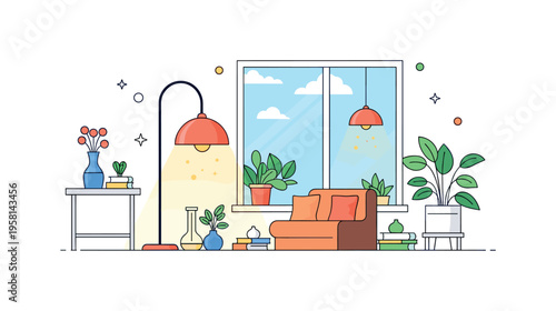 Sunlit home atmosphere peaceful interior scene where daylight fills the room while decorative objects and plants glow softly in the light. The illustration