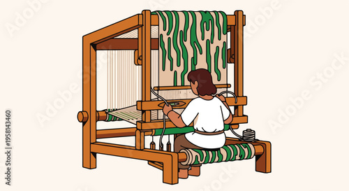 Person operating a wooden loom, crafting textiles with green and beige threads