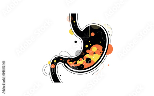 stomach with geometric representation of acids and nutrients abstract circles lines and geometric shapes representing chemical digestion black and white retro