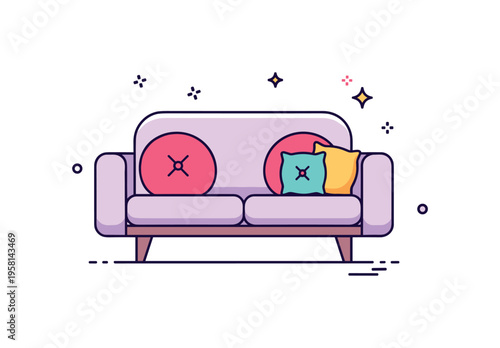 Home couch comfort a simple sofa with rounded cushions and a small decorative pillow while a tiny sparkle icon suggests softness and relaxation. Minimalist