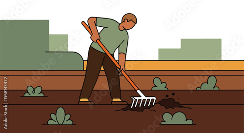 Person raking soil with small plants and abstract background shapes