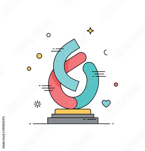 Sculpture contemporary art statue with geometric shapes forming a balanced composition representing modern creativity and design. Decorative dots and stars add