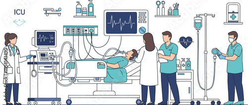 Hospital ICU scene with doctors and nurses caring for patient, medical equipment and intensive care treatment, healthcare vector illustration collection