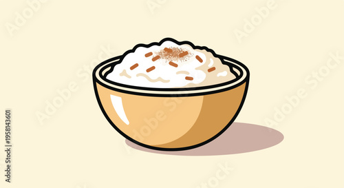 A simple cartoon illustration of a bowl filled with creamy rice pudding sprinkled with cinnamon