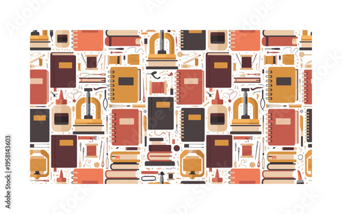 artisan book binding seamless pattern, stitched notebooks, sewing threads, needles, glue, book covers and presses arranged in a repeating pattern, white