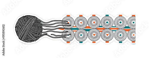 black and white yarn ball unraveling into a repeating crochet pattern across the composition, cut-out collage effect with white outline, geometric circles and