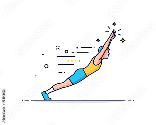 Explosive jump burpee moment shown by a figure extending arms overhead with tiny star accents near the hands, expressing achievement and peak effort. The badge