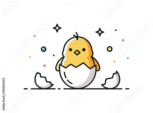 Baby chick emerging from a small eggshell with a few simple shell fragments scattered nearby. The warm scene reflects the delicate beginning of life and the