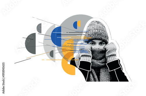 black and white person pulling a scarf over their face with wool hat and mittens visible, white cut-out outline around figure, layered semicircles and thin