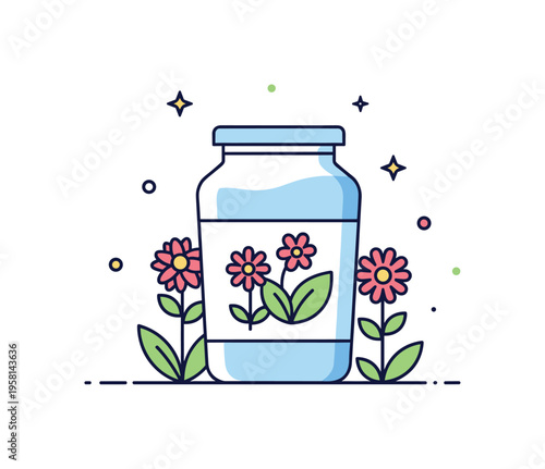 Organic product packaging design product container decorated with simple flowers and plant leaves symbolizing purity and natural origin. Clean visual metaphor