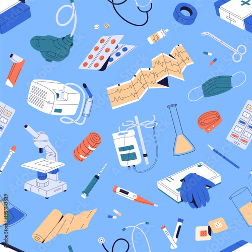Repeatable pattern of different medical tools. Endless background of first aid kit items, ambulance supplies: pills, remedies, plasters, bandages, stethoscope. Flat seamless vector illustration