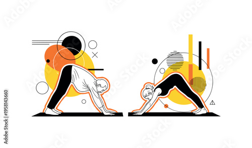 elderly and young adult practicing downward dog together abstract circles lines and geometric shapes representing collaborative yoga session black and white